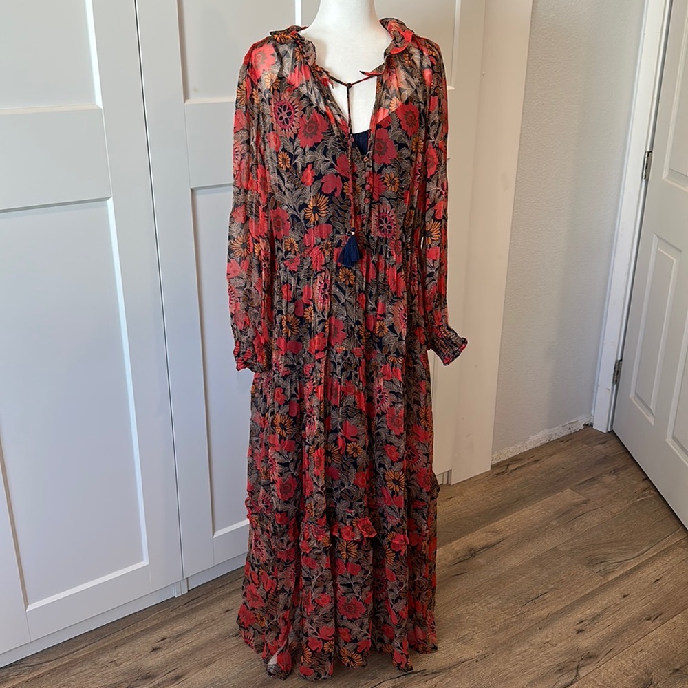 Anthropologie Red and Navy Floral Maxi Dress